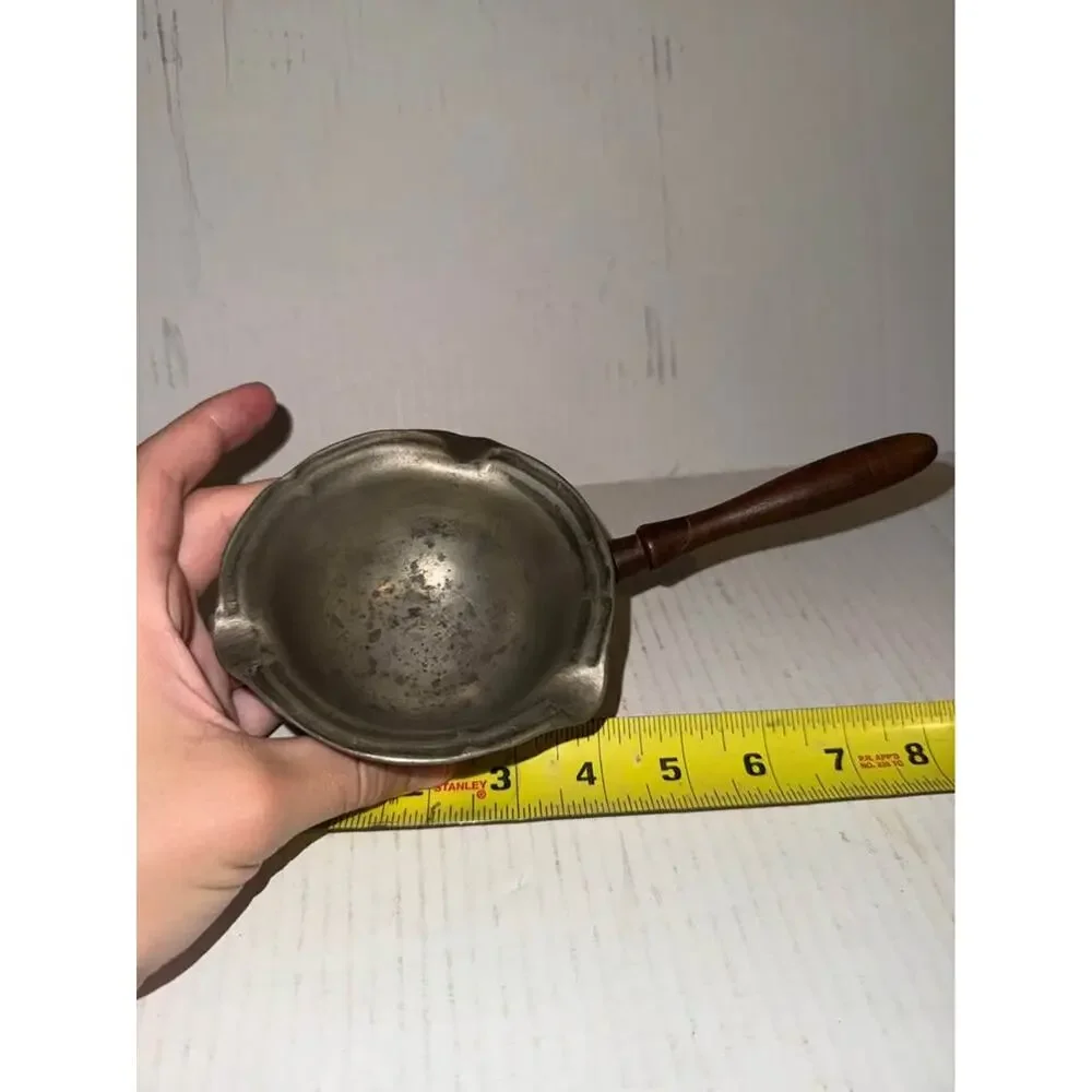 LADLE BOWL vtg pewter wood handle antique german angel wings scales 3 pour spout